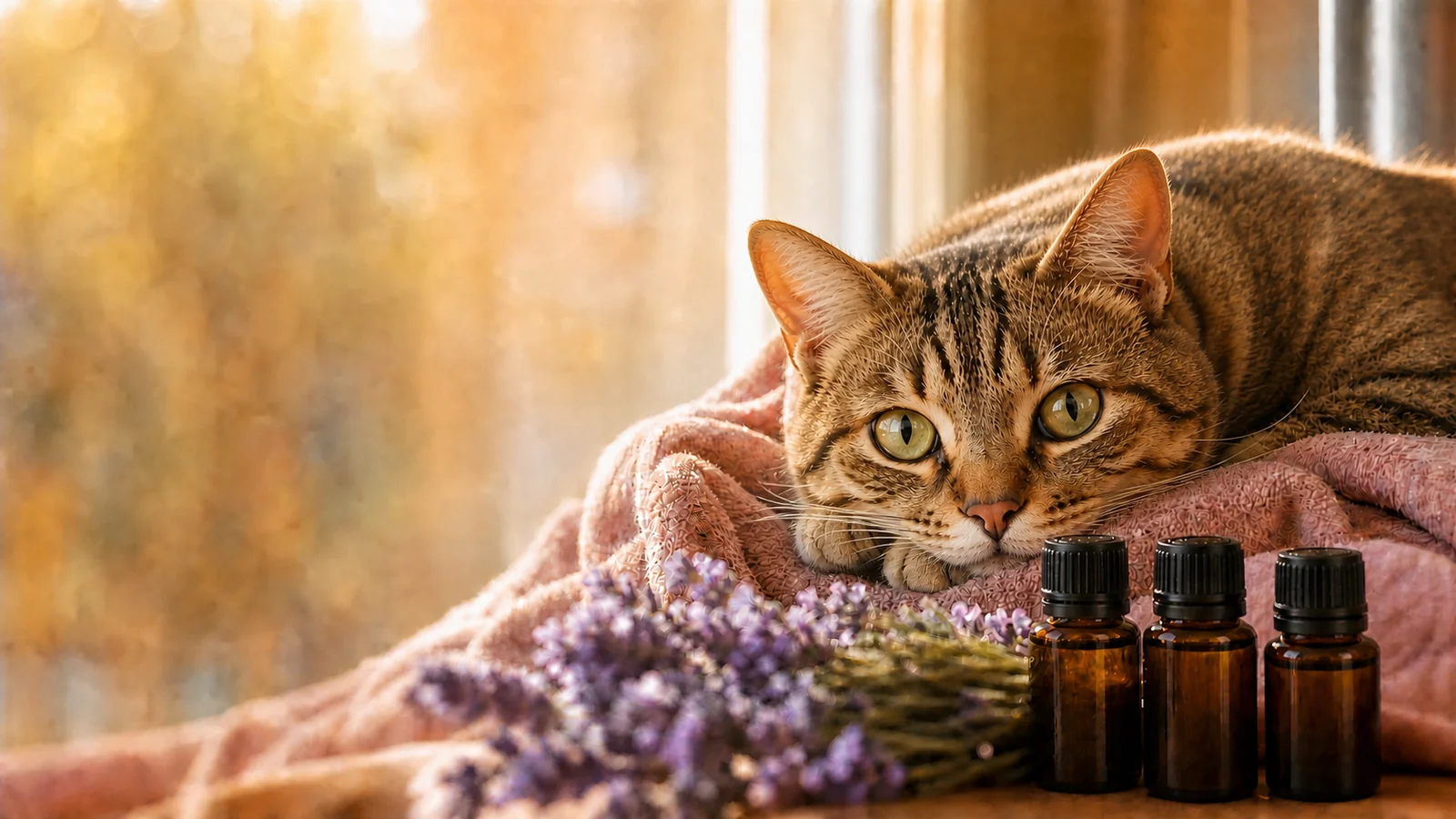 Getigerte Katze Lilli liegt wach und entspannt auf einer rosa Decke am Fenster, daneben Lavendel und kleine geschlossene Braunglas-Fläschchen mit ätherischen Ölen